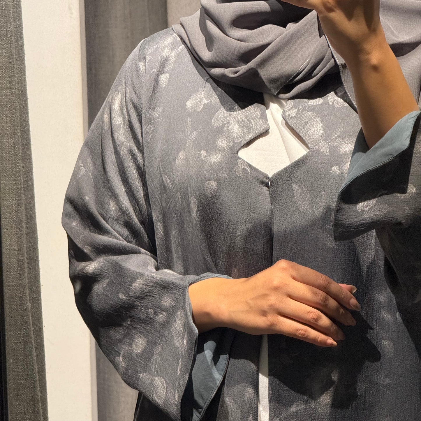 Abaya with grey color and silver flowers
