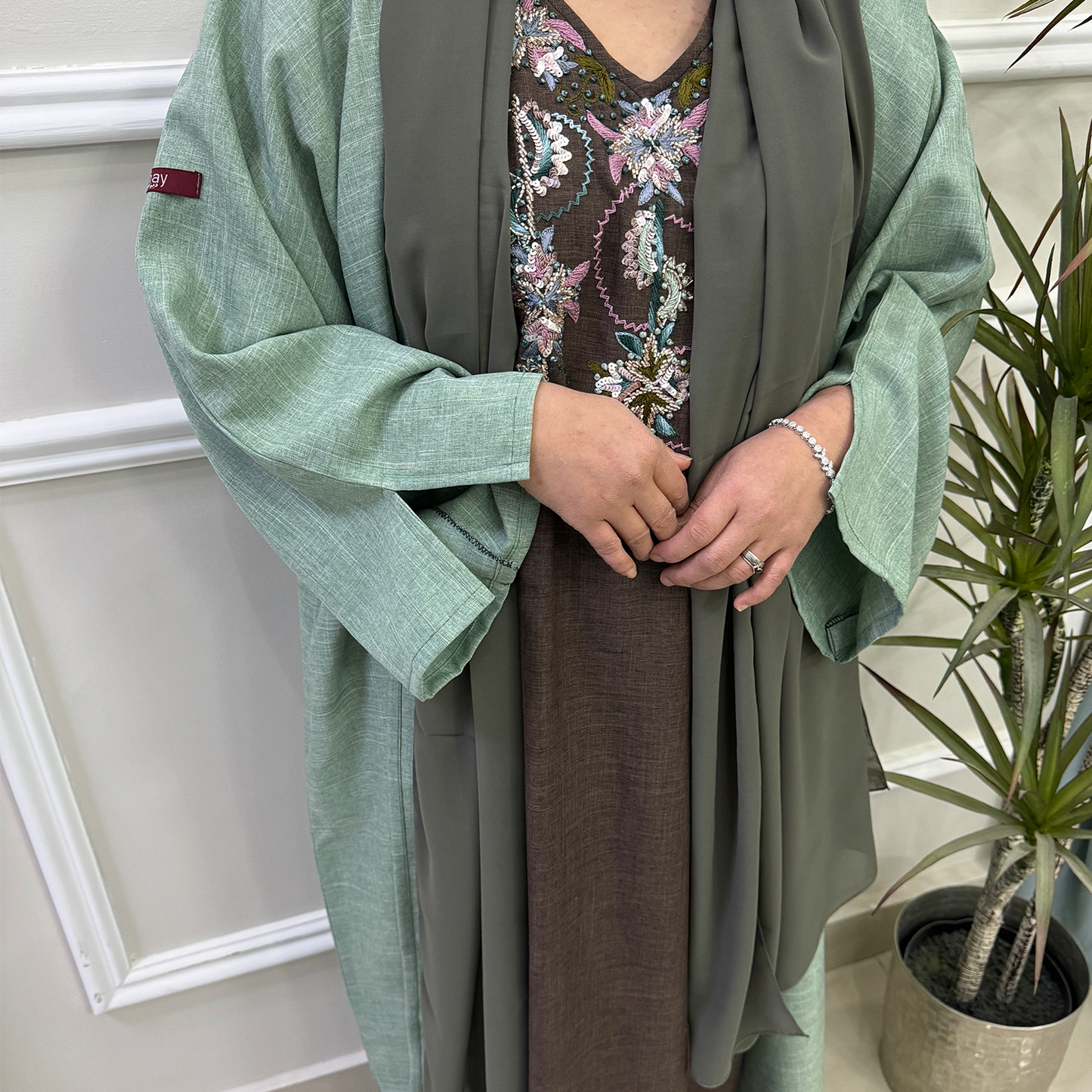Hand embroidery Green abaya with brown dress