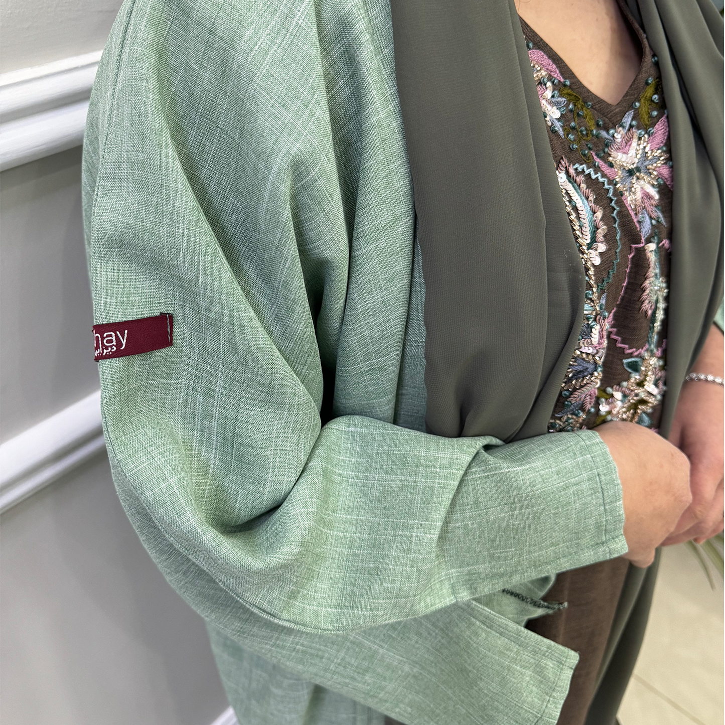 Hand embroidery Green abaya with brown dress
