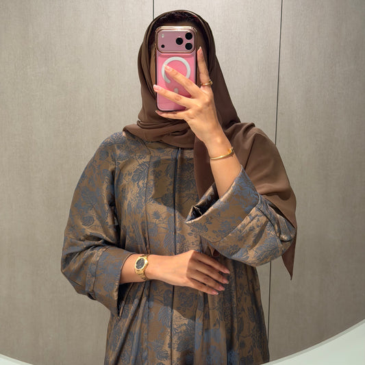 Abaya with brown color and blue flowers