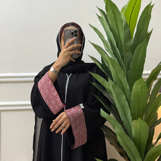 Red sadu abaya in crepe fabric