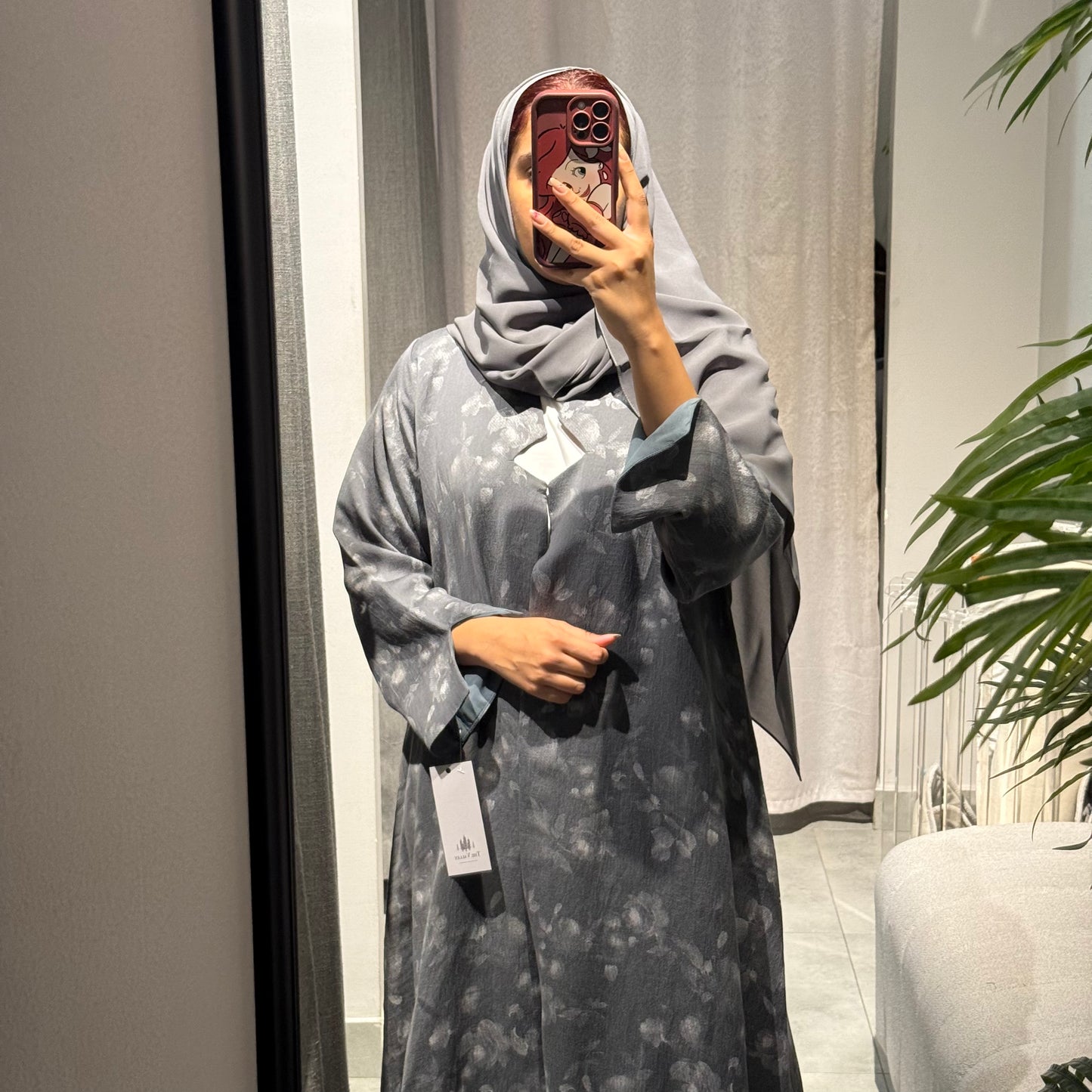Abaya with grey color and silver flowers
