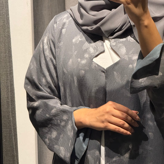 Abaya with grey color and silver flowers