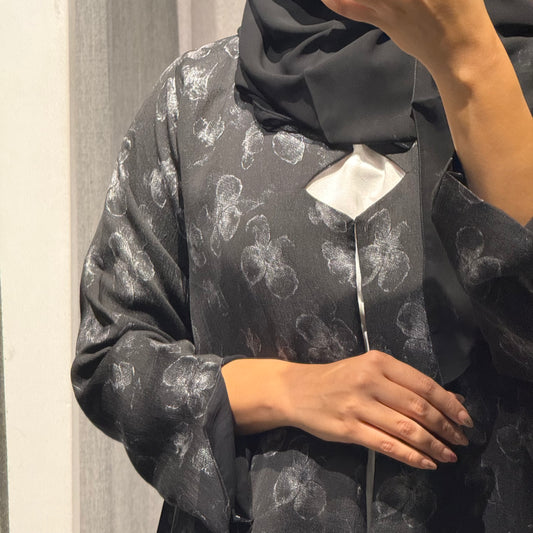 Abaya with black color and silver flowers