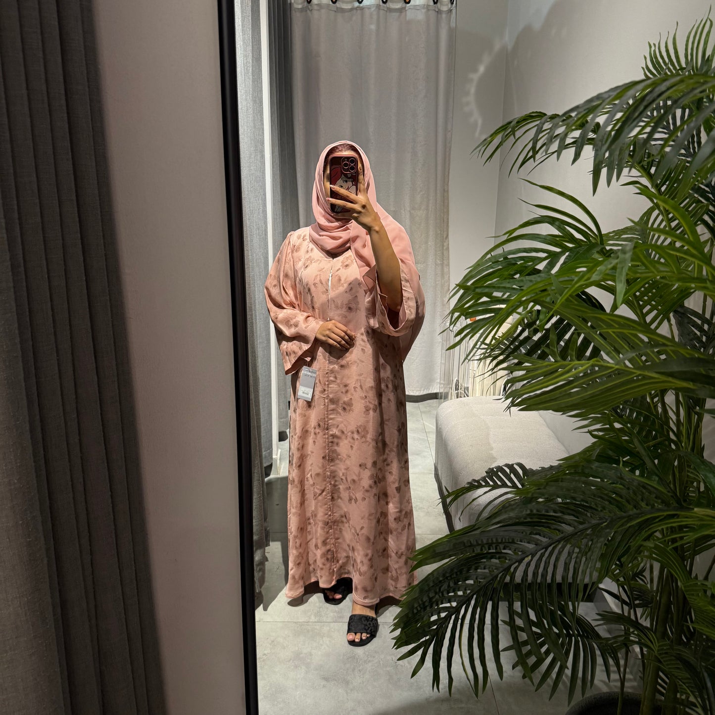 Abaya with beige color and brown flowers