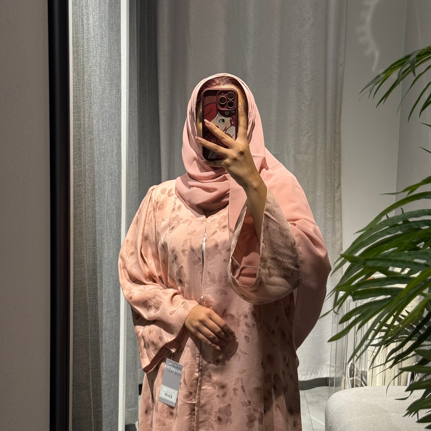 Abaya with beige color and brown flowers