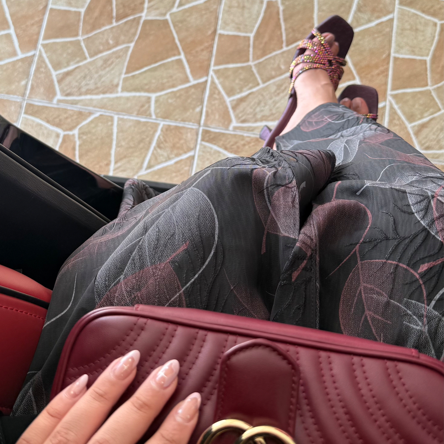 Maroon and silver leaves abaya