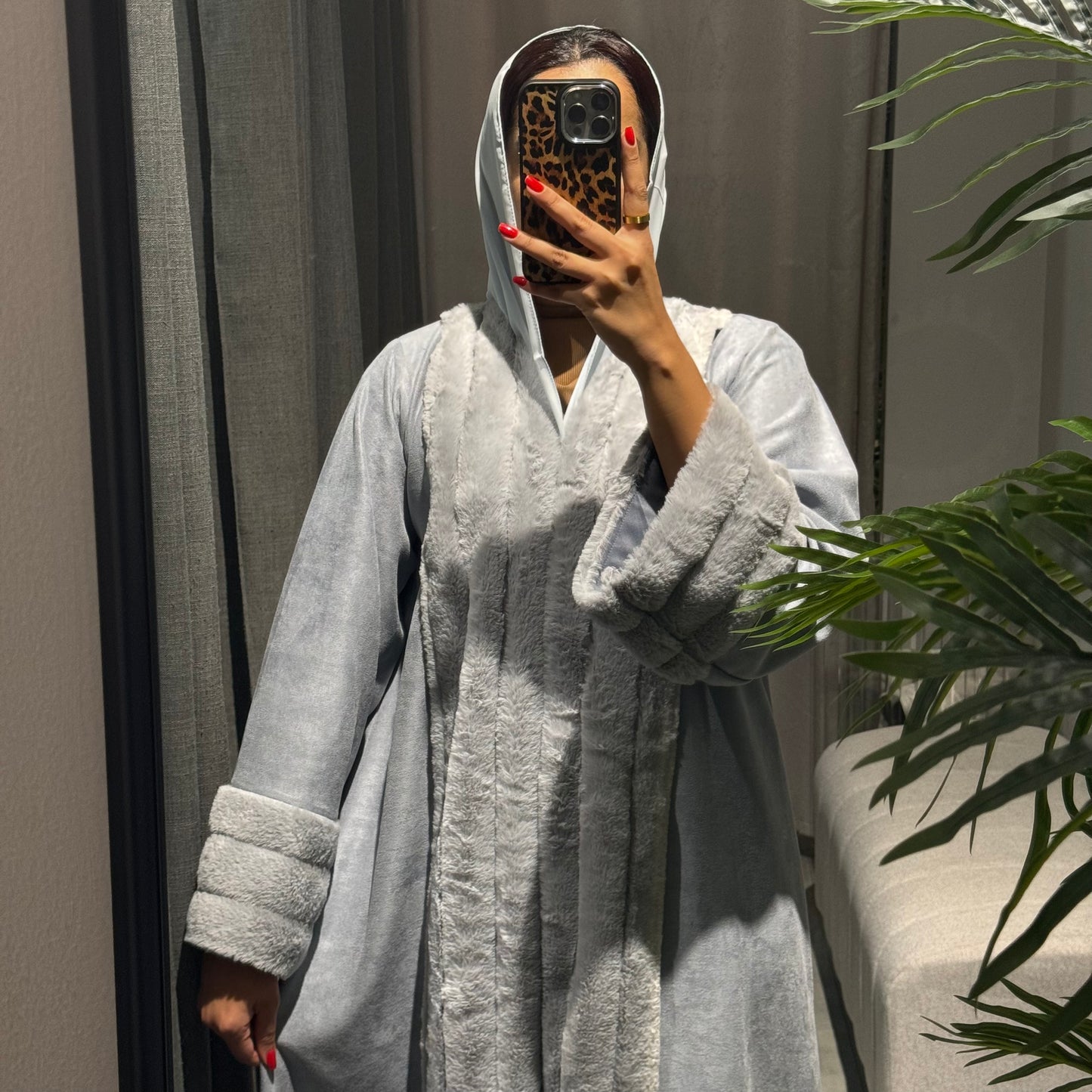 Suede and wool Abaya - Light Grey