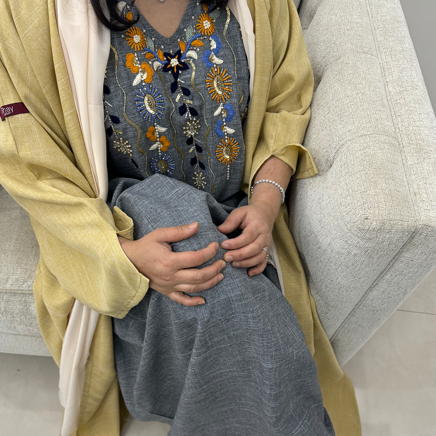 Hand embroidery Yellow abaya with grey dress