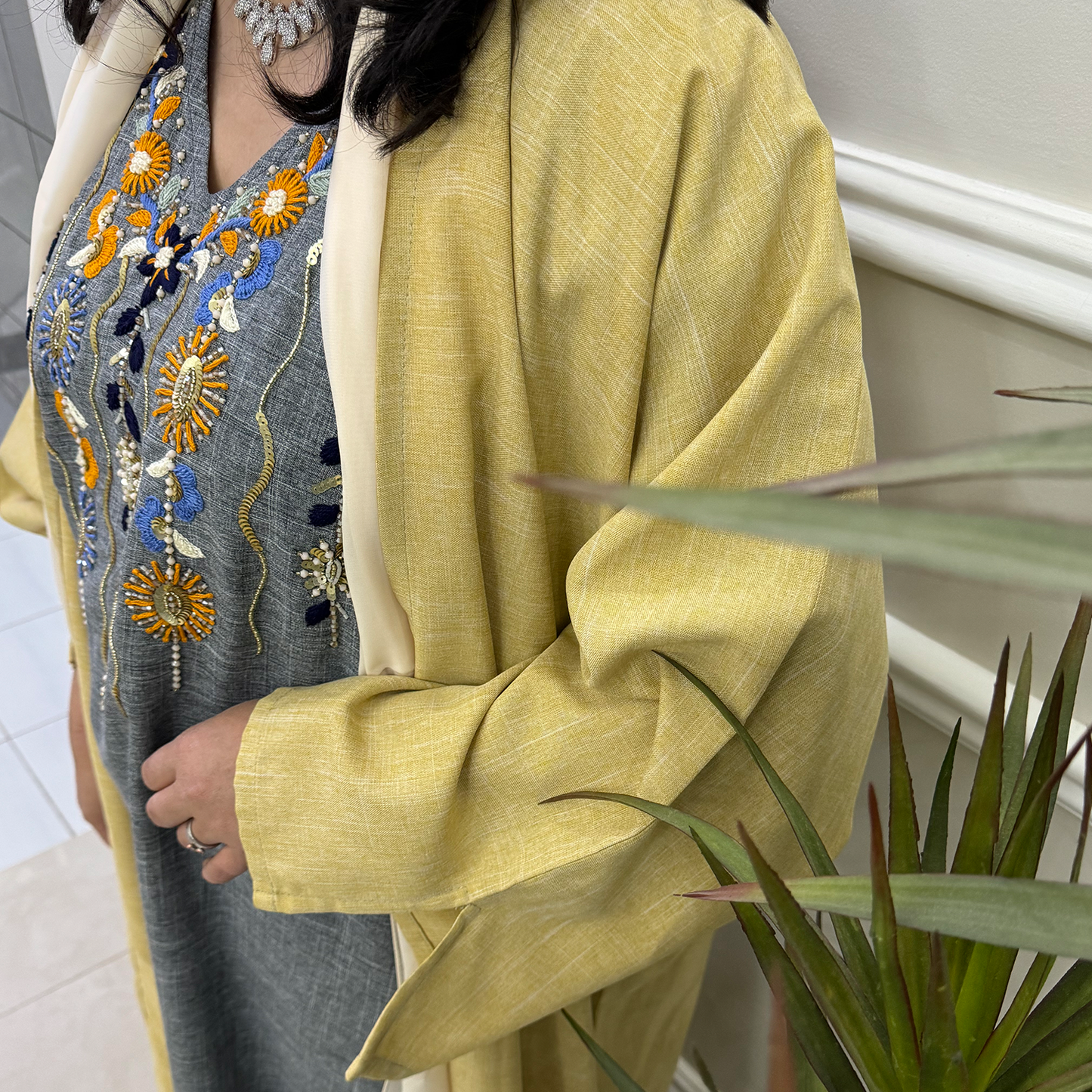Hand embroidery Yellow abaya with grey dress