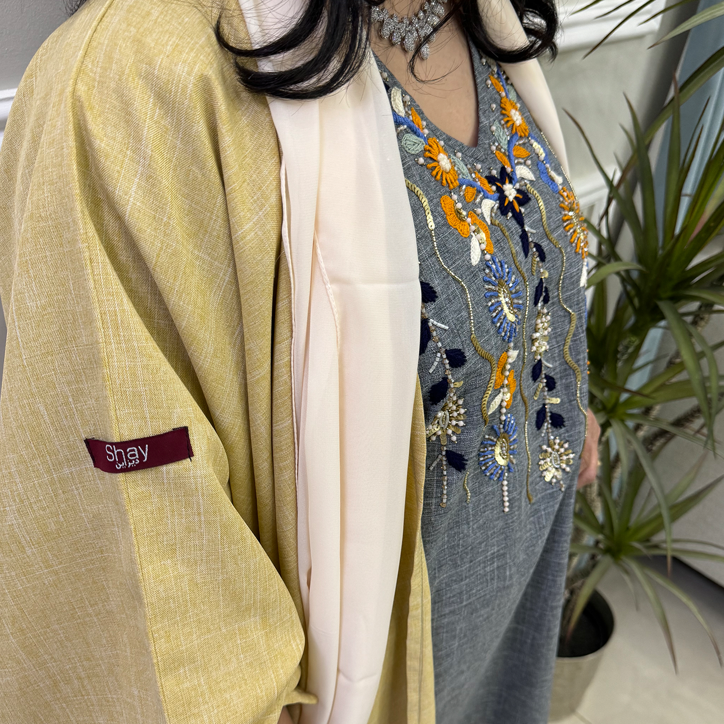 Hand embroidery Yellow abaya with grey dress