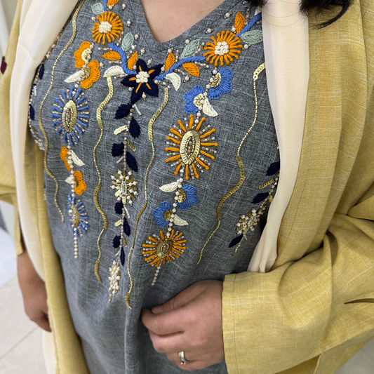 Hand embroidery Yellow abaya with grey dress