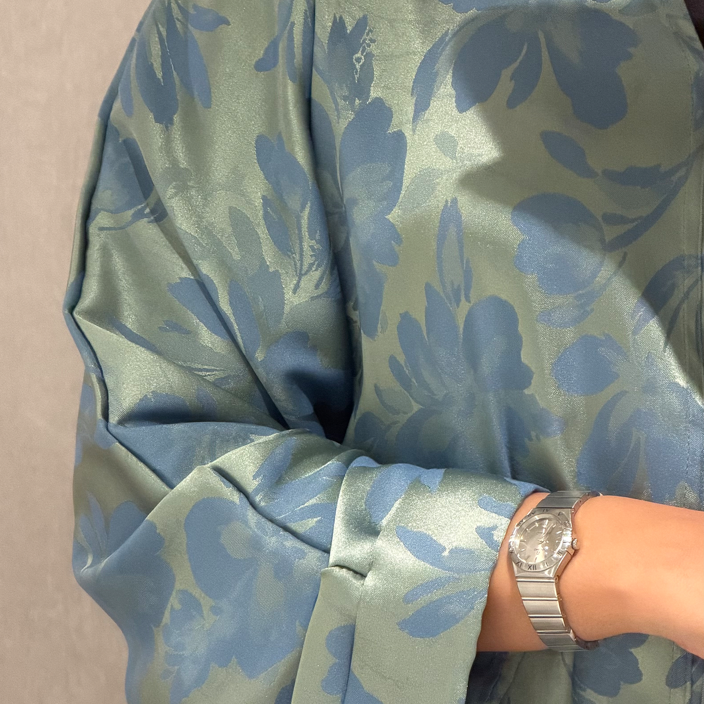 Abaya with baby green color and baby blue flowers