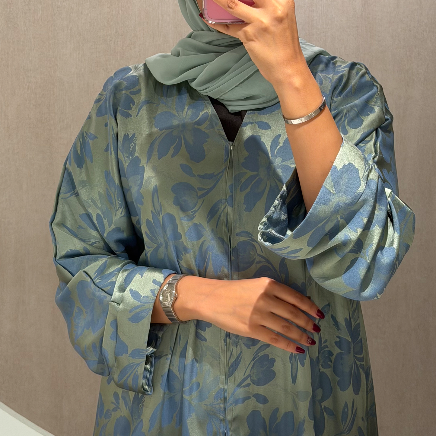 Abaya with baby green color and baby blue flowers