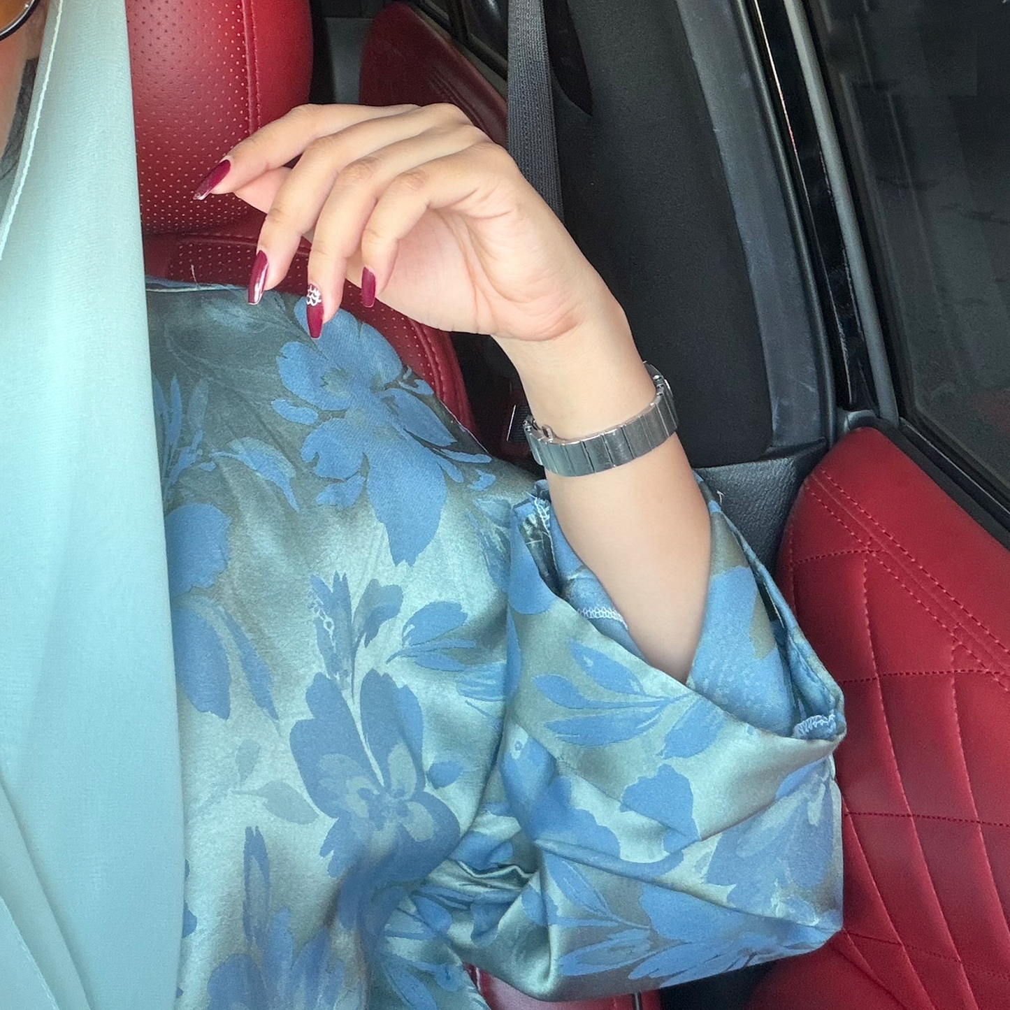 Abaya with baby green color and baby blue flowers